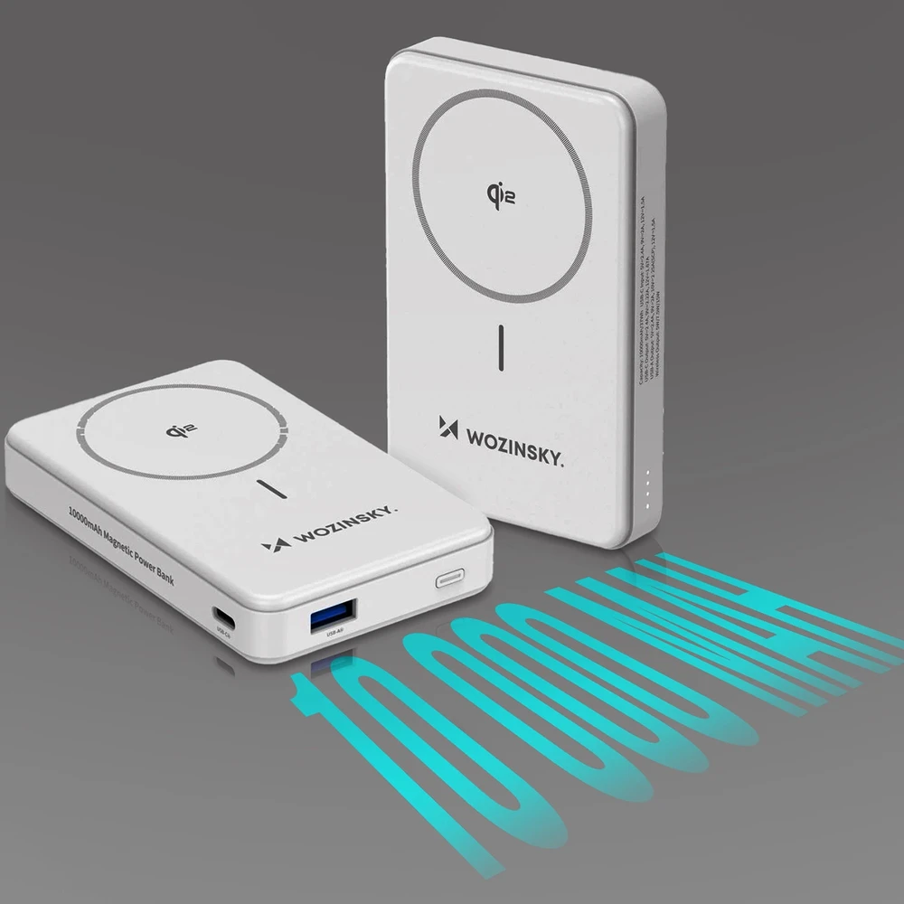 Powerbank Wozinsky WLWP-10KA0Y3WS 22.5W PD Qi2 10000 mAh, su stoveliu, 1x USB-A, 1x USB-C – baltos spalvos