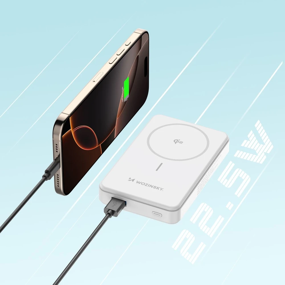 Powerbank Wozinsky WLWP-10KA0Y3WS 22.5W PD Qi2 10000 mAh, su stoveliu, 1x USB-A, 1x USB-C – baltos spalvos