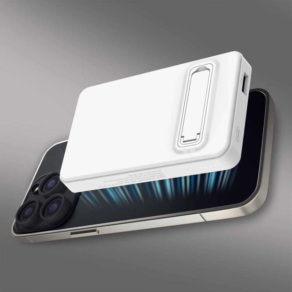 Powerbank Wozinsky WLWP-10KA0Y3WS 22.5W PD Qi2 10000 mAh, su stoveliu, 1x USB-A, 1x USB-C – baltos spalvos