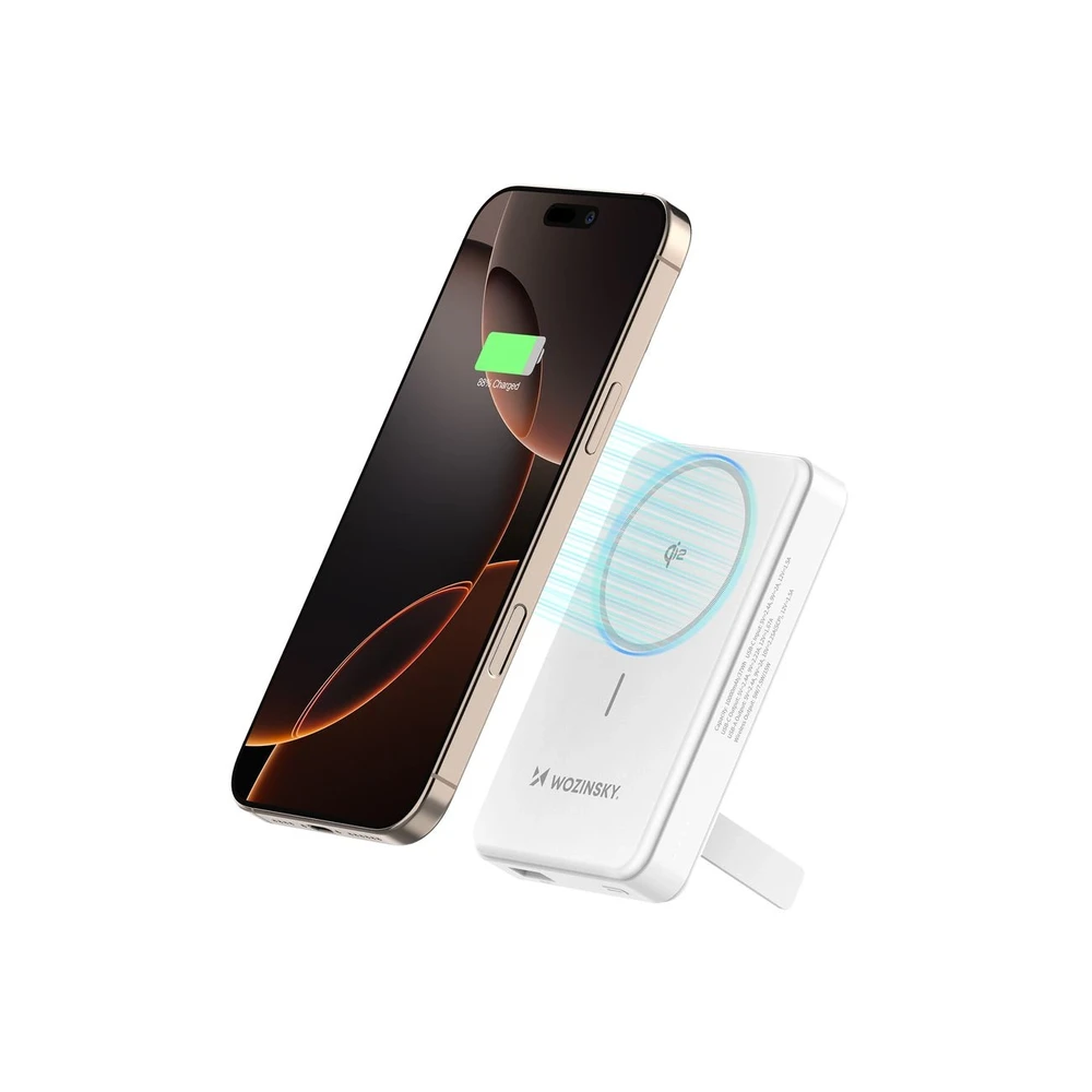 Powerbank Wozinsky WLWP-10KA0Y3WS 22.5W PD Qi2 10000 mAh, su stoveliu, 1x USB-A, 1x USB-C – baltos spalvos