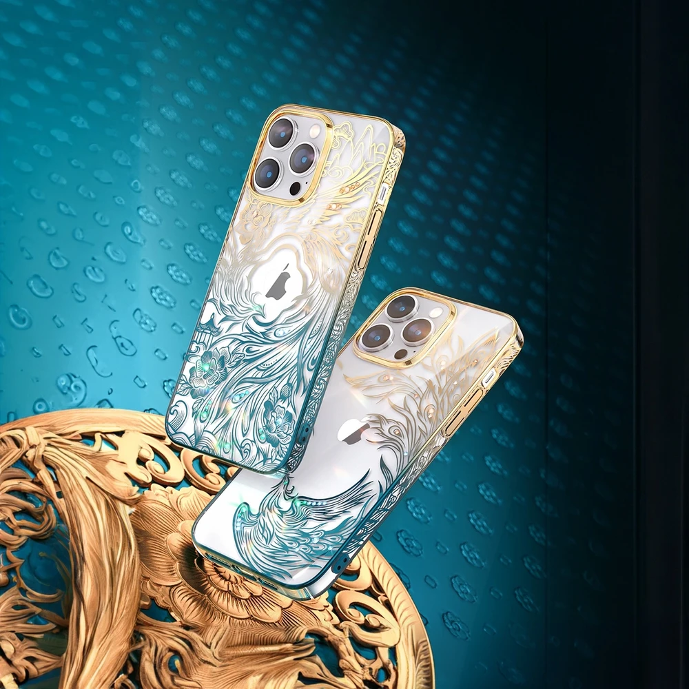 Luxury Apple iPhone 14 Plus Kingxbar Phoenix Crystals – dėklas telefonui aukso ir mėlynos spalvos