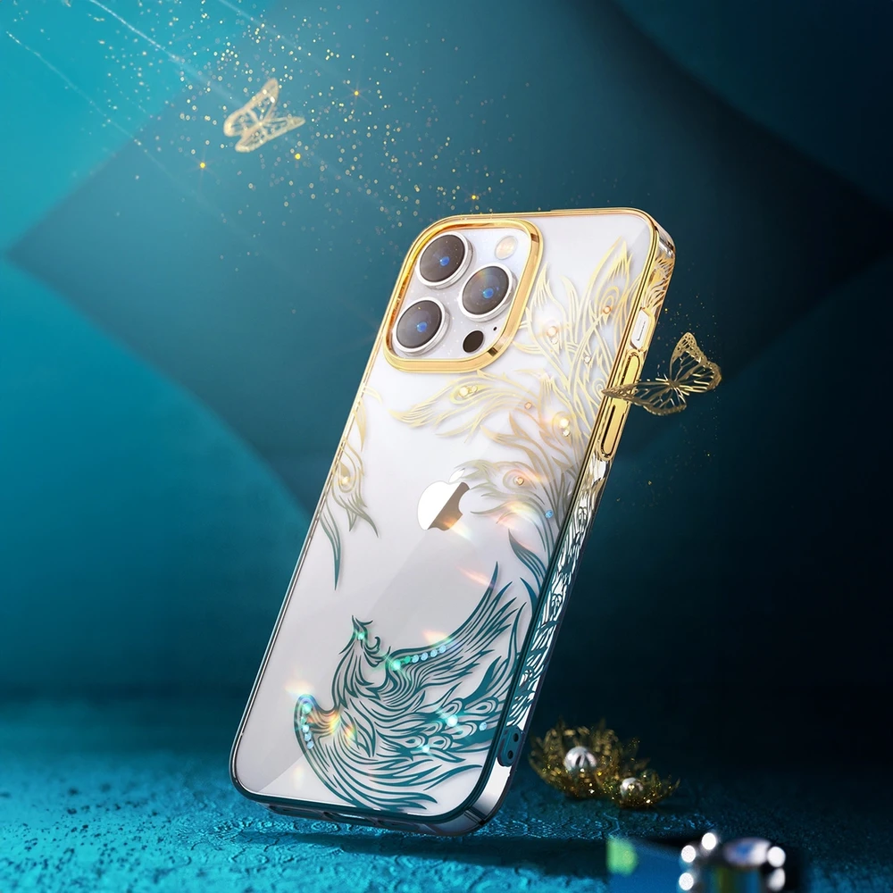 Luxury Apple iPhone 14 Plus Kingxbar Phoenix Crystals – dėklas telefonui aukso ir mėlynos spalvos