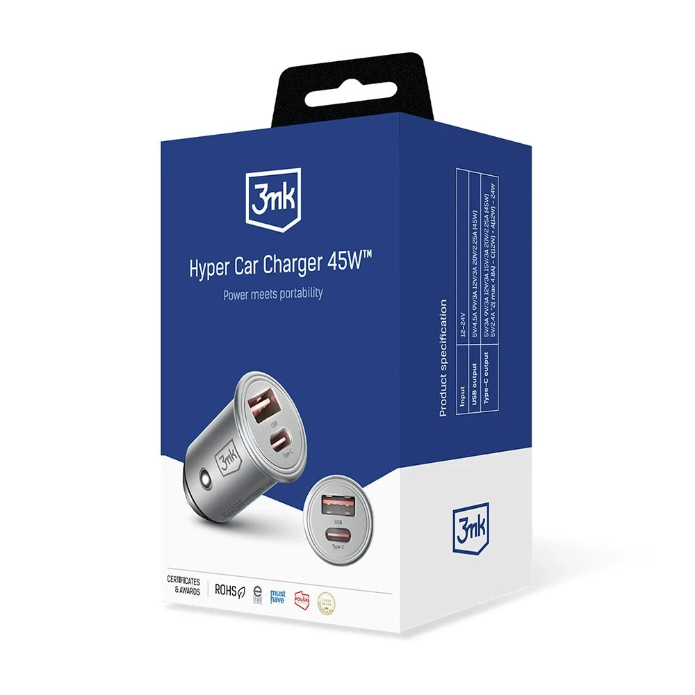 3MK Hyper automobilinis įkroviklis 45W automobilinis įkroviklis 1xUSB-A + 1xUSB-C