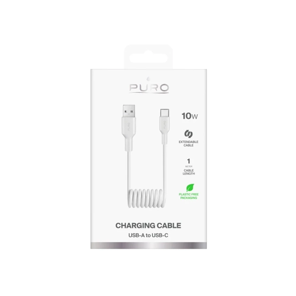 Puro 10W USB-A – USB-C Spiral kabelis 1m – baltos spalvos