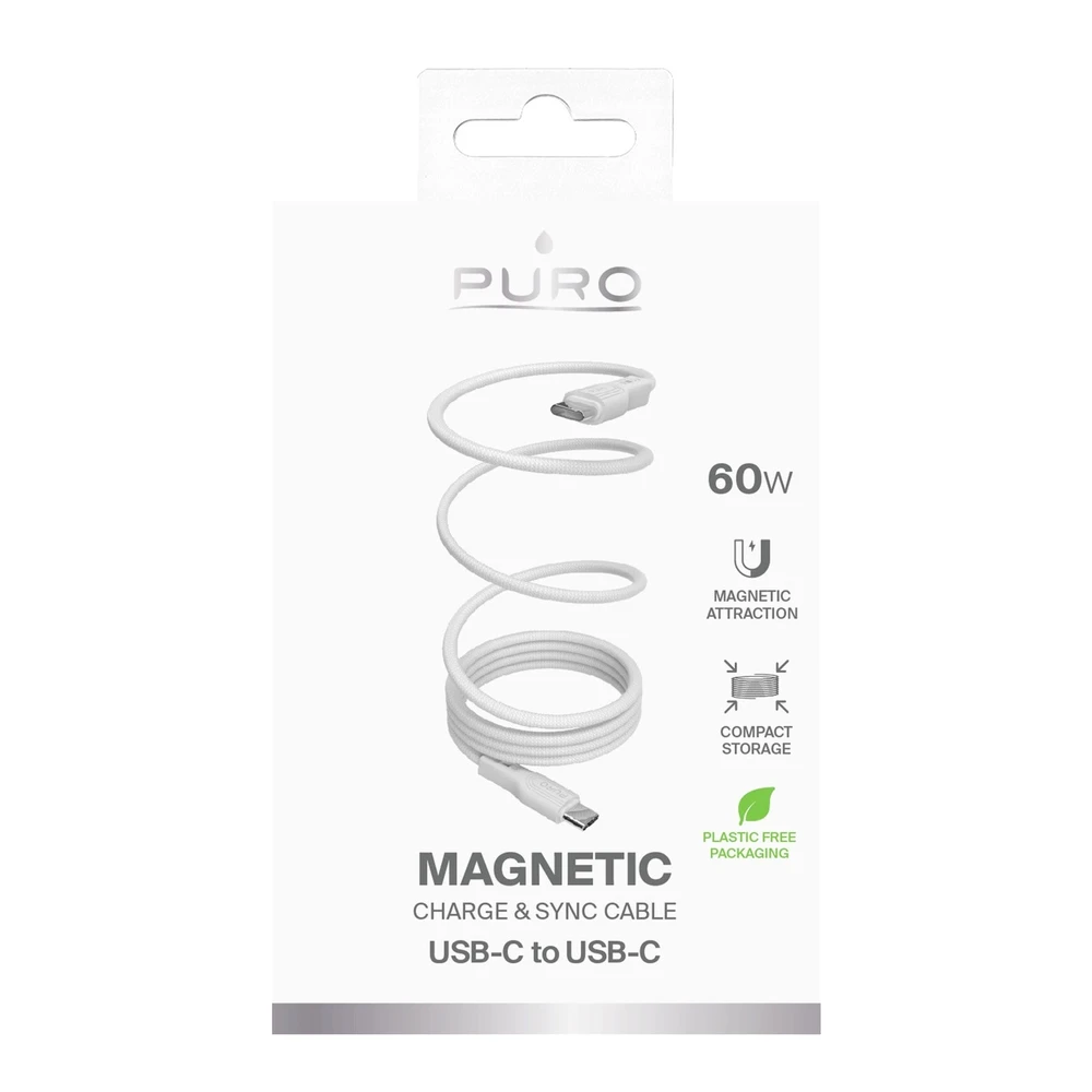 Puro Elektrik Puro Magnetic USB-C – USB-C 60 W USB 3.2 (20 Gbps) 1 m magnetinis kabelis – baltas