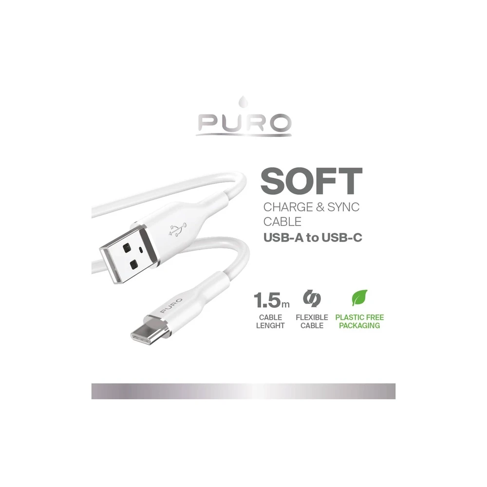 Puro Elektrik Puro Soft USB-A – USB-C laidas 1,5 m – baltas
