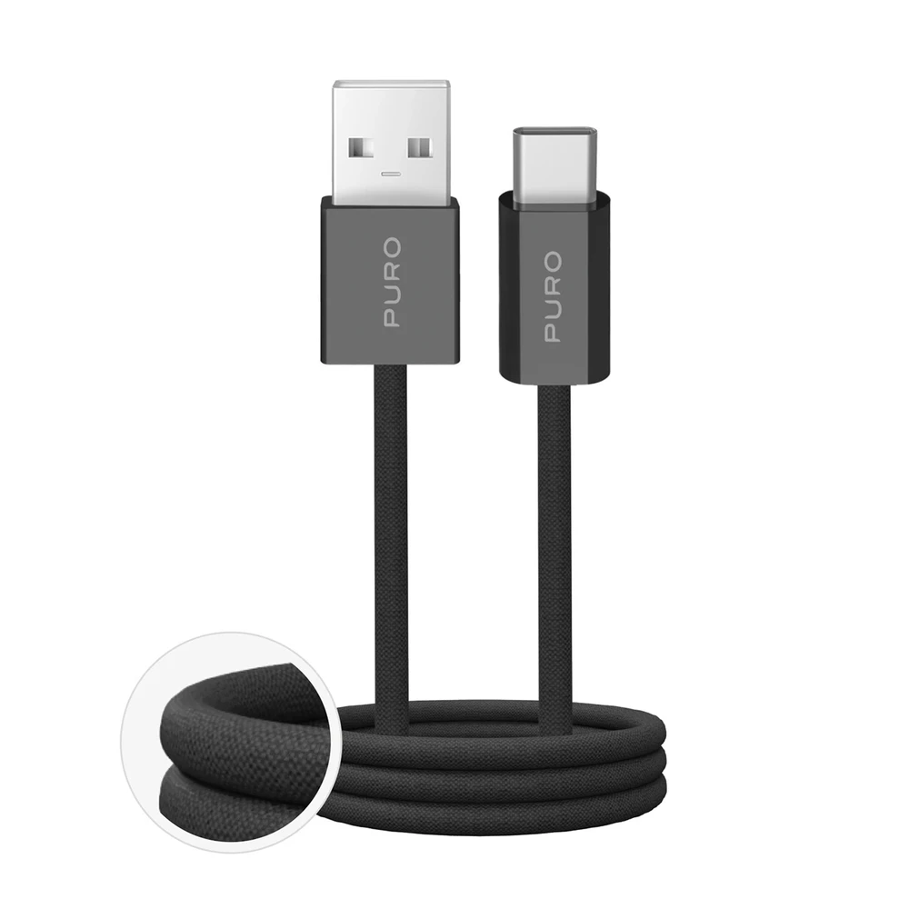 Puro Fabrik 2.0 10W USB-A - USB-C Braided Kabelis 1.5m - juodos spalvos