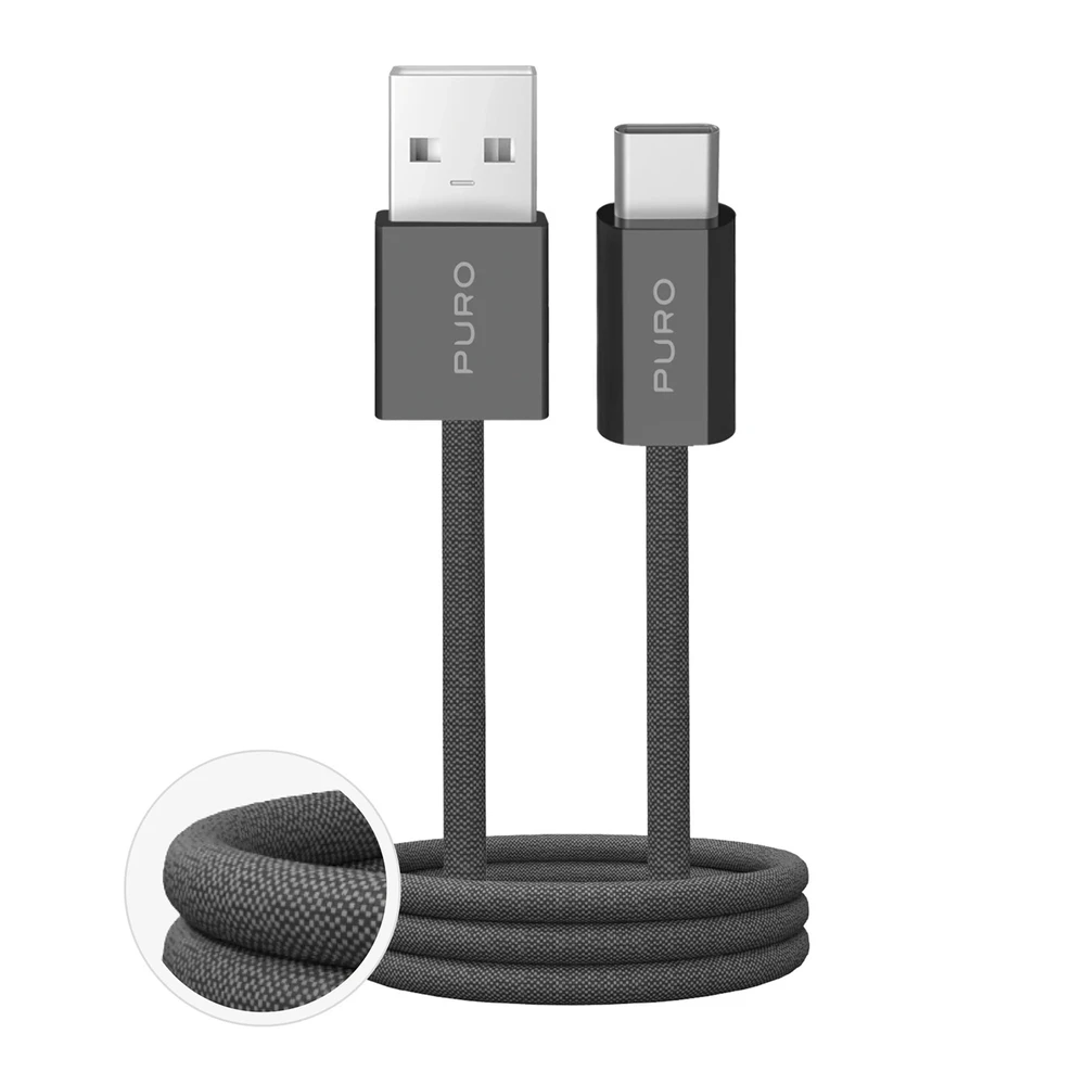 Puro Fabrik 2.0 10W USB-A – USB-C Braided Kabelis 1.5m – pilkos palvos