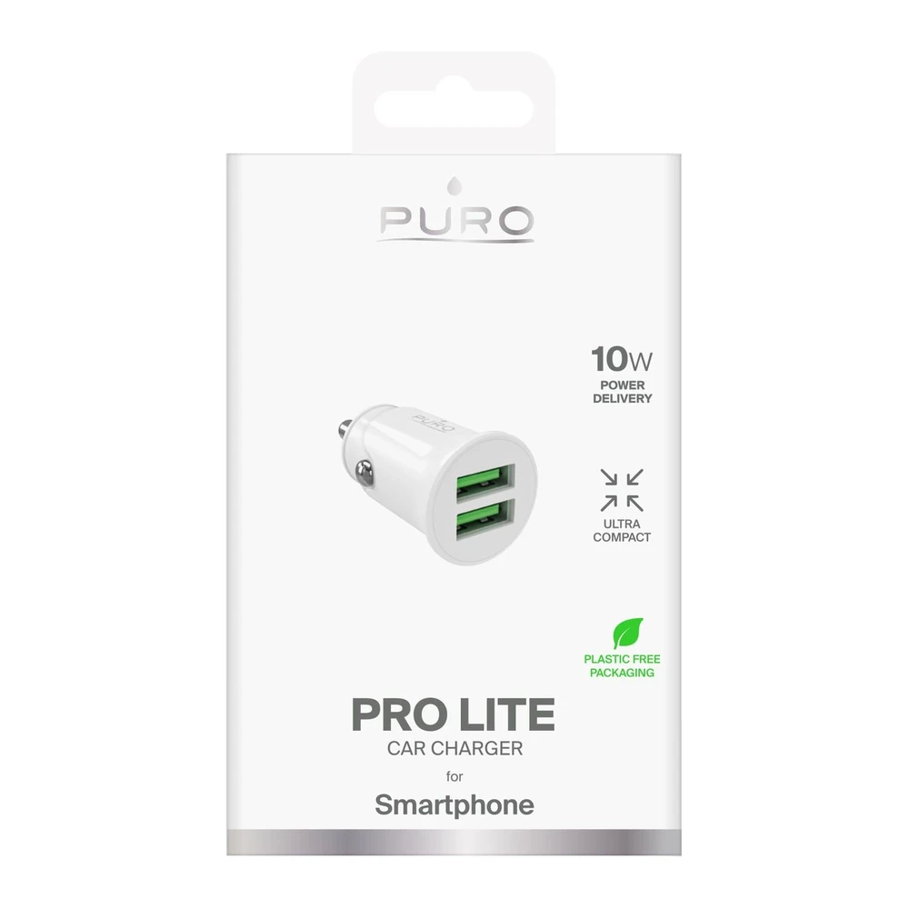 Puro Pro Lite automobilinis įkroviklis 2x USB-A 10W – baltos spalvos
