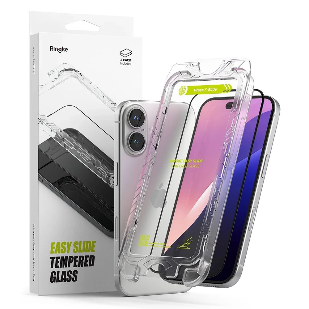 Ringke Easy Slide 2-pack apsauginis stiklas su juodos spalvos frame skirtas Apple iPhone 15 / 16