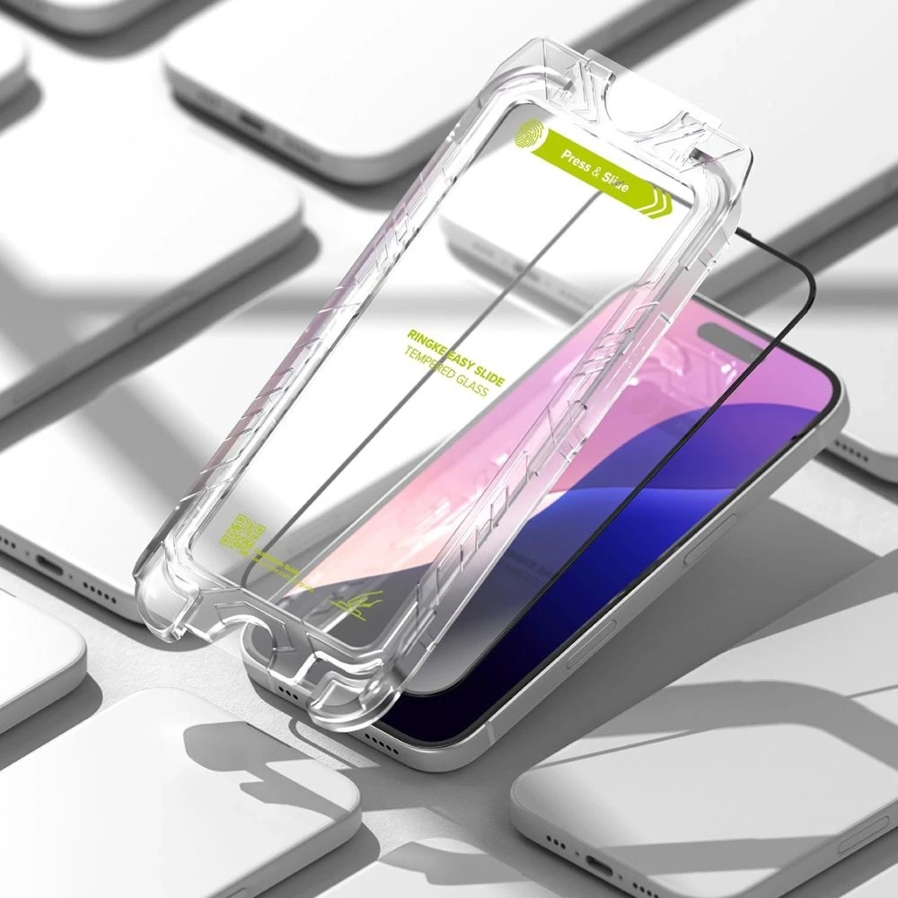 Ringke Easy Slide 2-pack apsauginis stiklas su juodos spalvos frame skirtas Apple iPhone 15 / 16