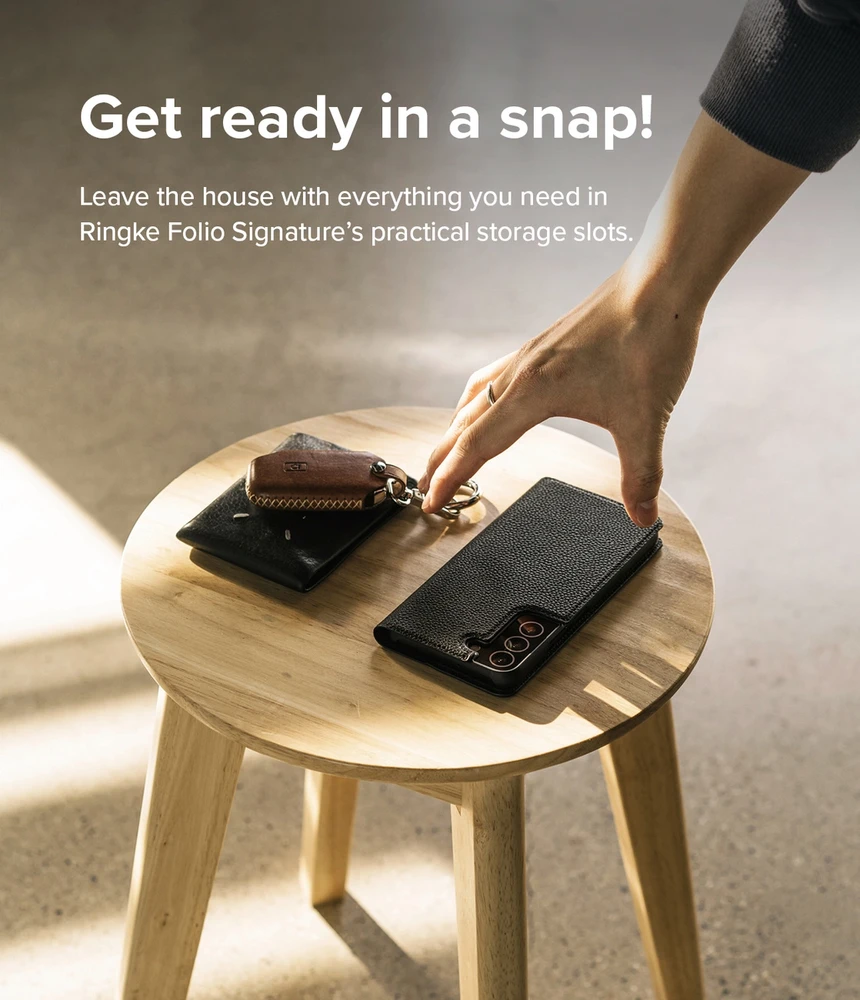 „Ringke Folio Signature“ atverčiamas odinis dėklas, skirtas Samsung Galaxy S22 + (S22 Plus) juodas (FSS118R262)