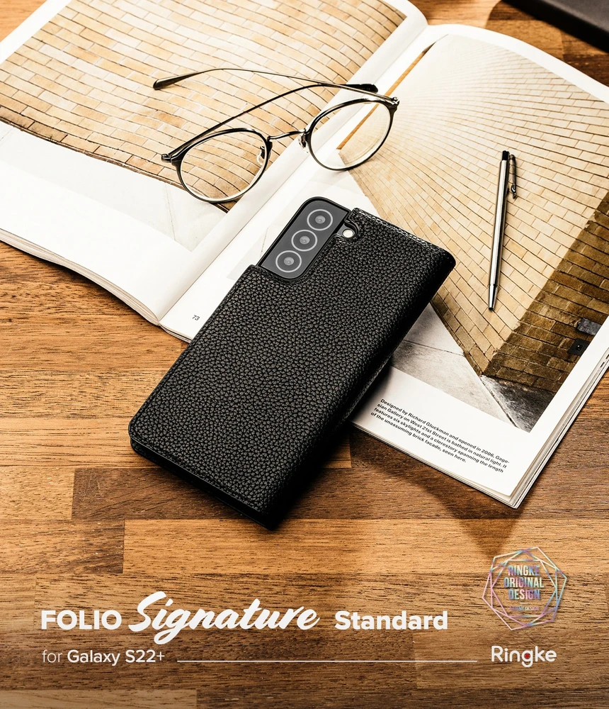„Ringke Folio Signature“ atverčiamas odinis dėklas, skirtas Samsung Galaxy S22 + (S22 Plus) juodas (FSS118R262)