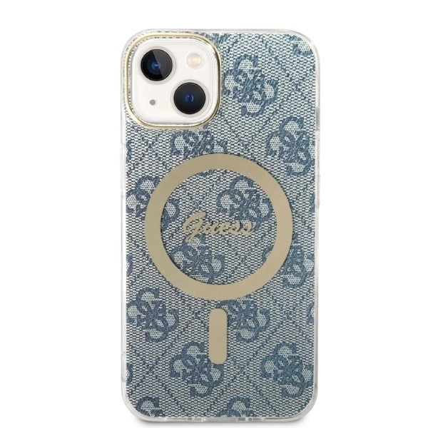 Apple iPhone 14 Guess dėklas 4G Print MagSafe + Belaidis Įkroviklis (GUBPP14XHJEACSA) mėlynos spalvos