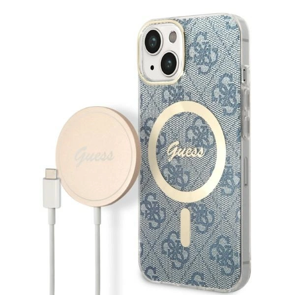 Apple iPhone 14 Guess dėklas 4G Print MagSafe + Belaidis Įkroviklis (GUBPP14XHJEACSA) mėlynos spalvos