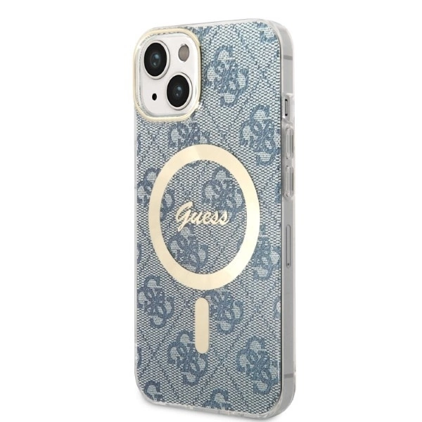 Apple iPhone 14 Guess dėklas 4G Print MagSafe + Belaidis Įkroviklis (GUBPP14XHJEACSA) mėlynos spalvos