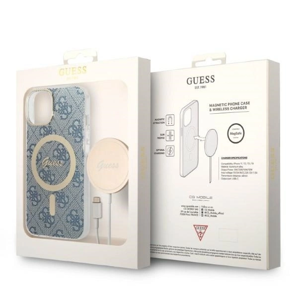 Apple iPhone 14 Guess dėklas 4G Print MagSafe + Belaidis Įkroviklis (GUBPP14XHJEACSA) mėlynos spalvos