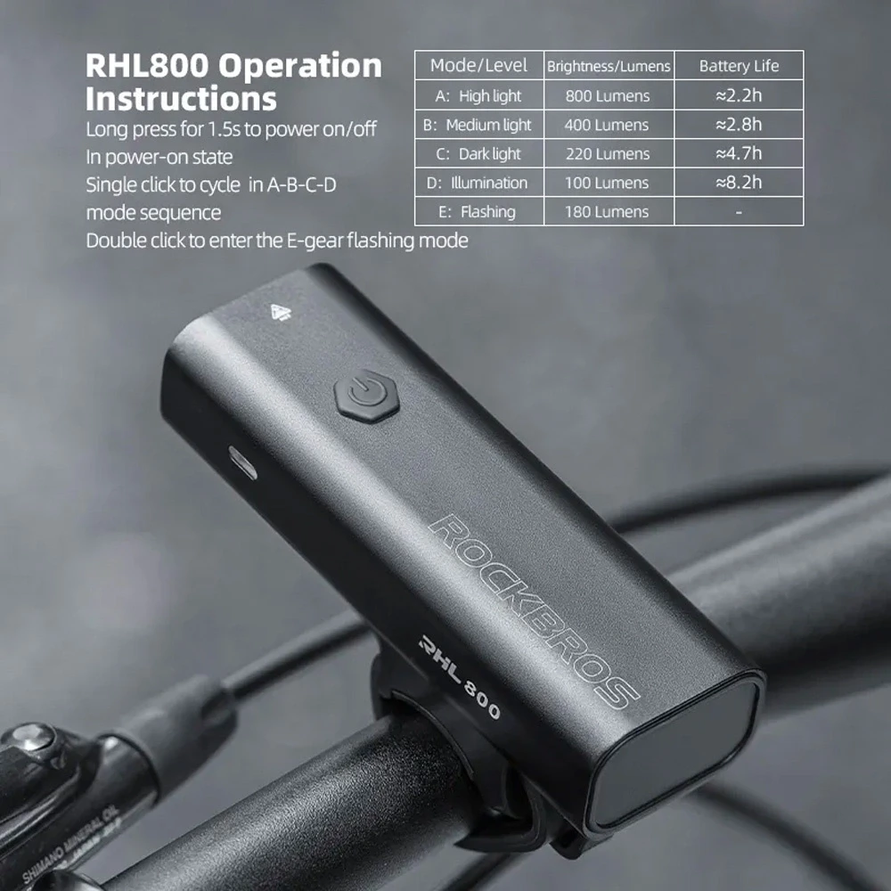 Rockbros 24710012001 priekinis dviračio žibintas 800 lm + USB-C ir USB-A laidas, juodas