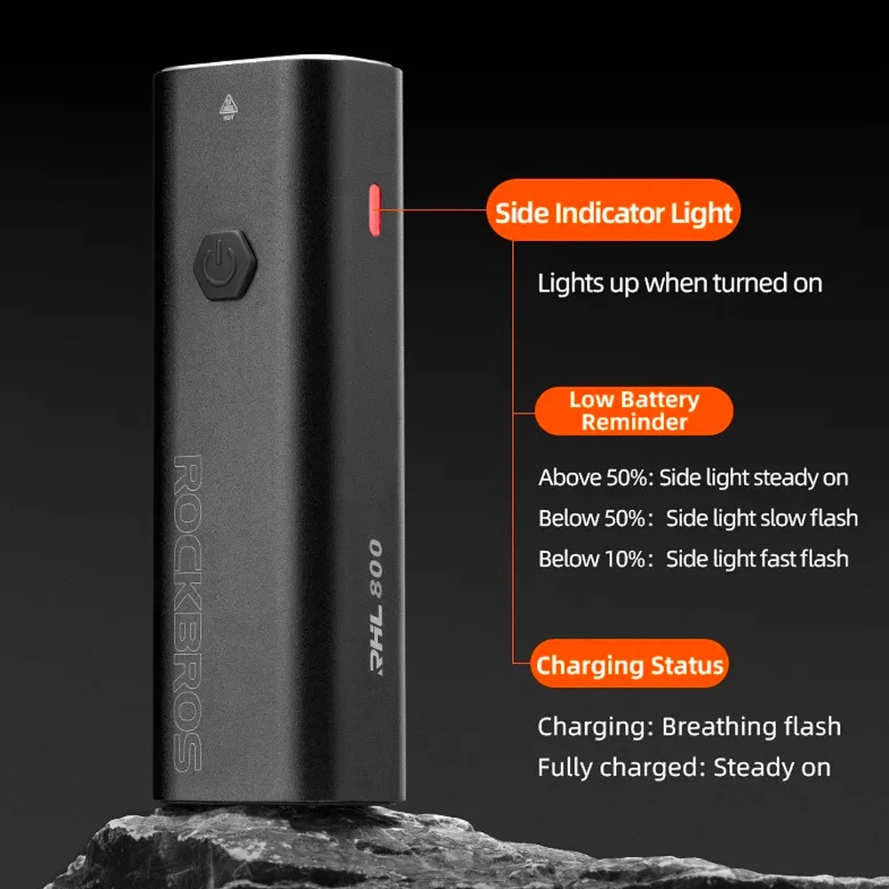 Rockbros 24710012001 priekinis dviračio žibintas 800 lm + USB-C ir USB-A laidas, juodas