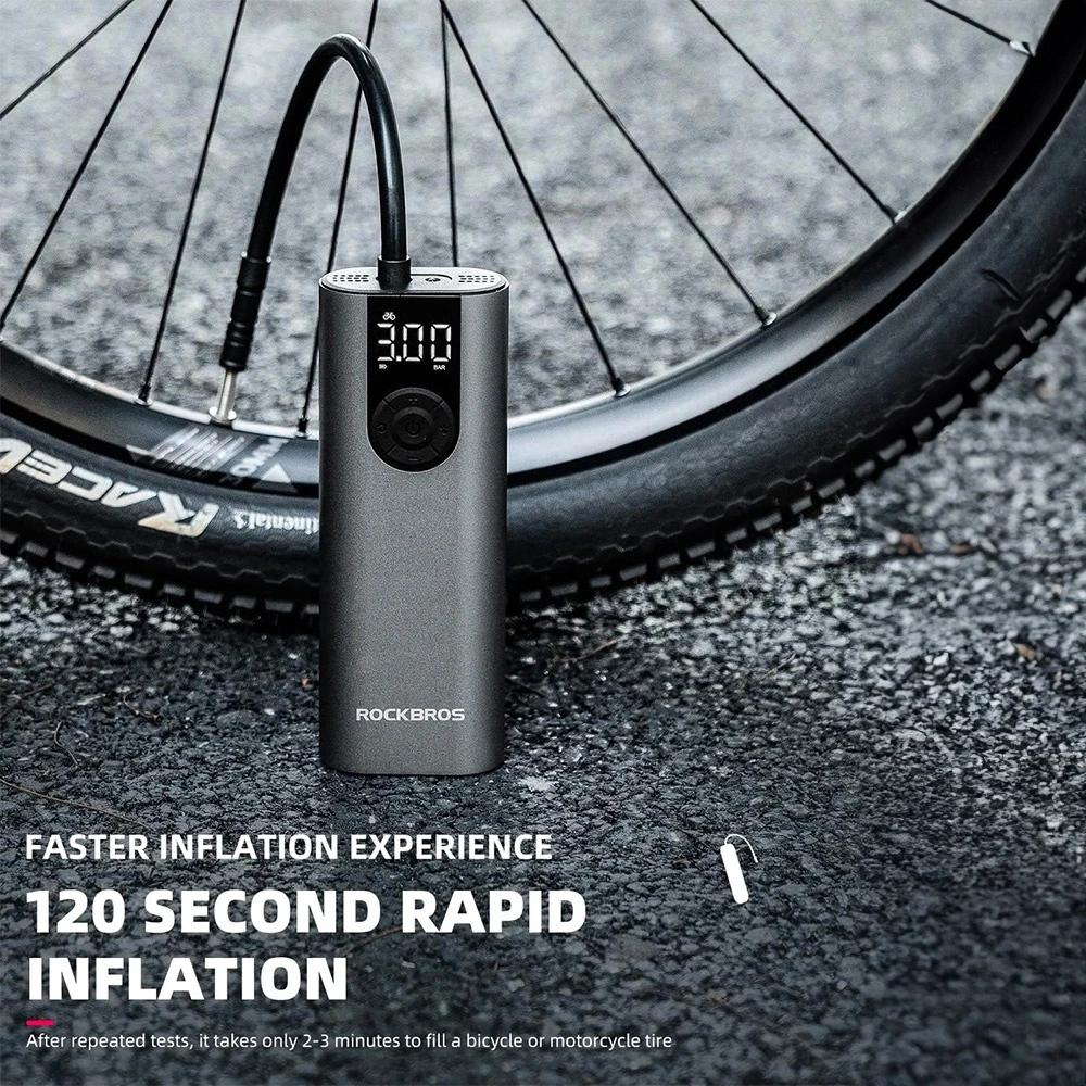Rockbros 42720001001 Electric Bike Pump with LED Ekranas + USB-C – USB-A Cable – juodos spalvos