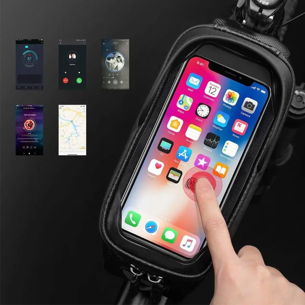 Rockbros B68 dviračio krepšys for armored frame with phone pocket and cover 1.7l – juodos spalvos