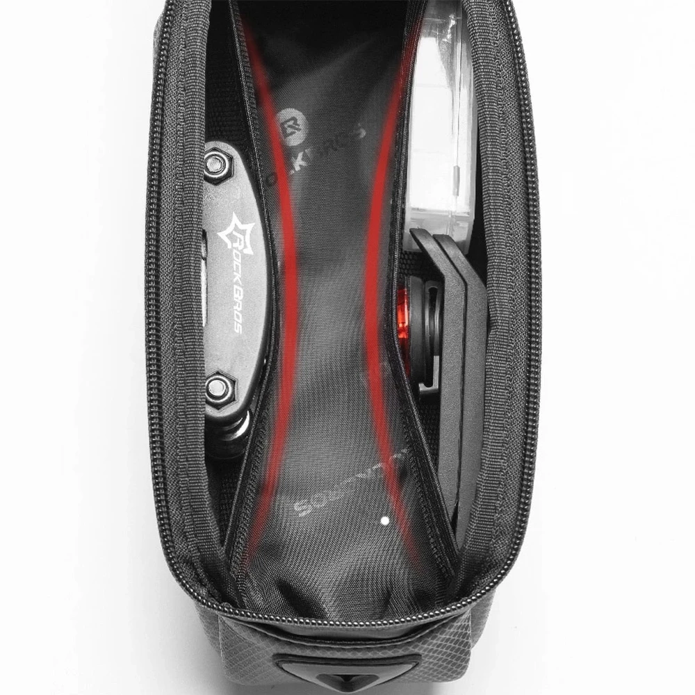 Rockbros B68 dviračio krepšys for armored frame with phone pocket and cover 1.7l – juodos spalvos