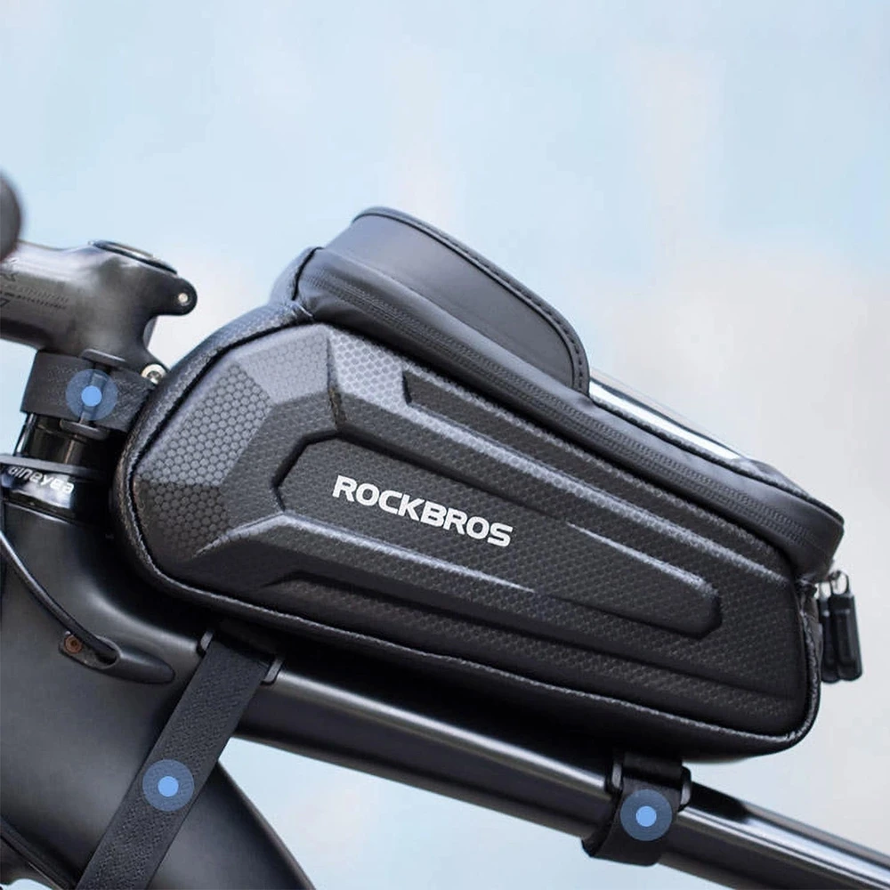 Rockbros B68 dviračio krepšys for armored frame with phone pocket and cover 1.7l – juodos spalvos