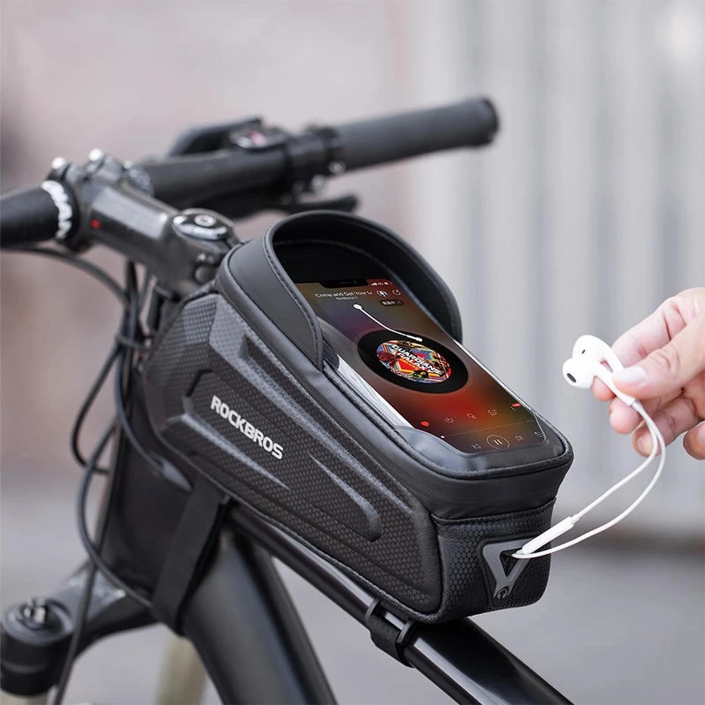 Rockbros B68 dviračio krepšys for armored frame with phone pocket and cover 1.7l – juodos spalvos
