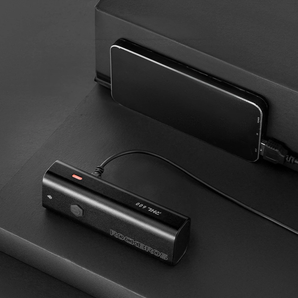 Rockbros RHL600 priekinis dviračio žibintas 600lm 2600mAh IPX6 – juodos spalvos