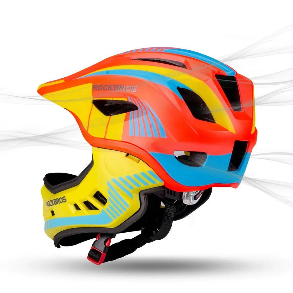 Rockbros TT-32SOYB-S vaikiškas dviratininko šalmas su nuimamu smakro lankeliu, dydis S – geltonos ir oranžinės spalvos