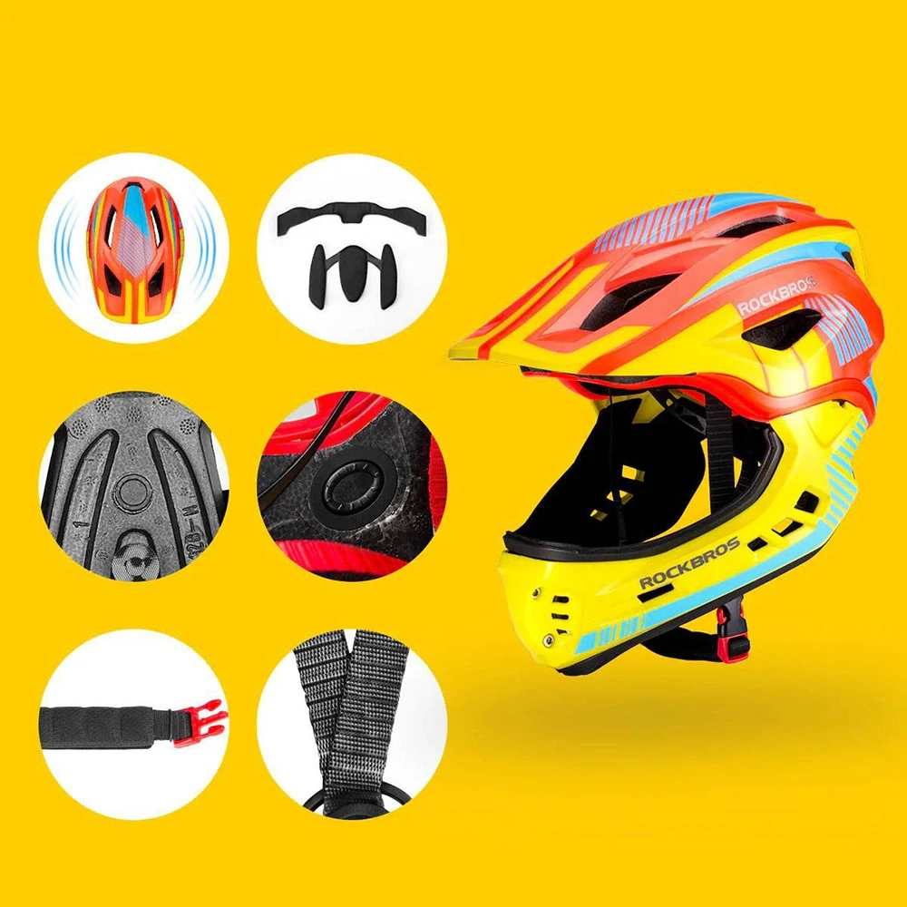 Rockbros TT-32SOYB-S vaikiškas dviratininko šalmas su nuimamu smakro lankeliu, dydis S – geltonos ir oranžinės spalvos
