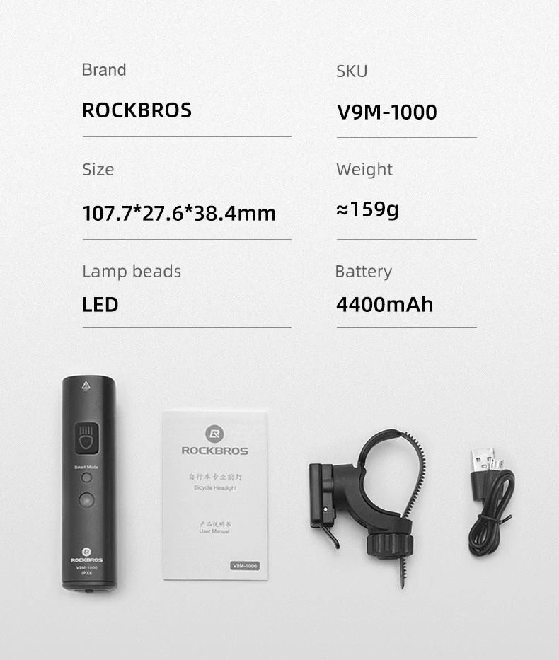 Rockbros V9M-1000 priekinis dviračio žibintas 1000lm – juodas