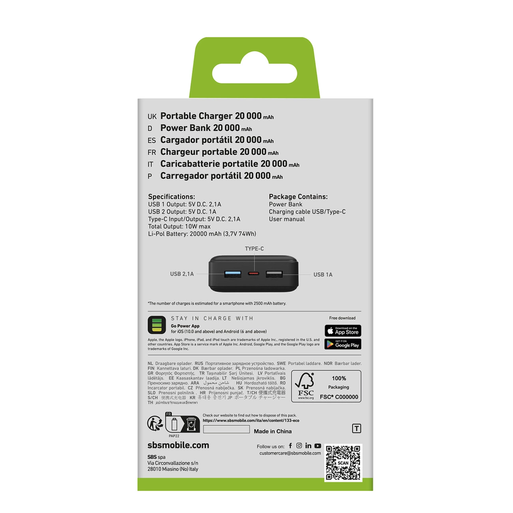 SBS Nešiojamoji baterija „Puro Fast“ 20000 mAh, 2x USB-A + 1x USB-C – juoda