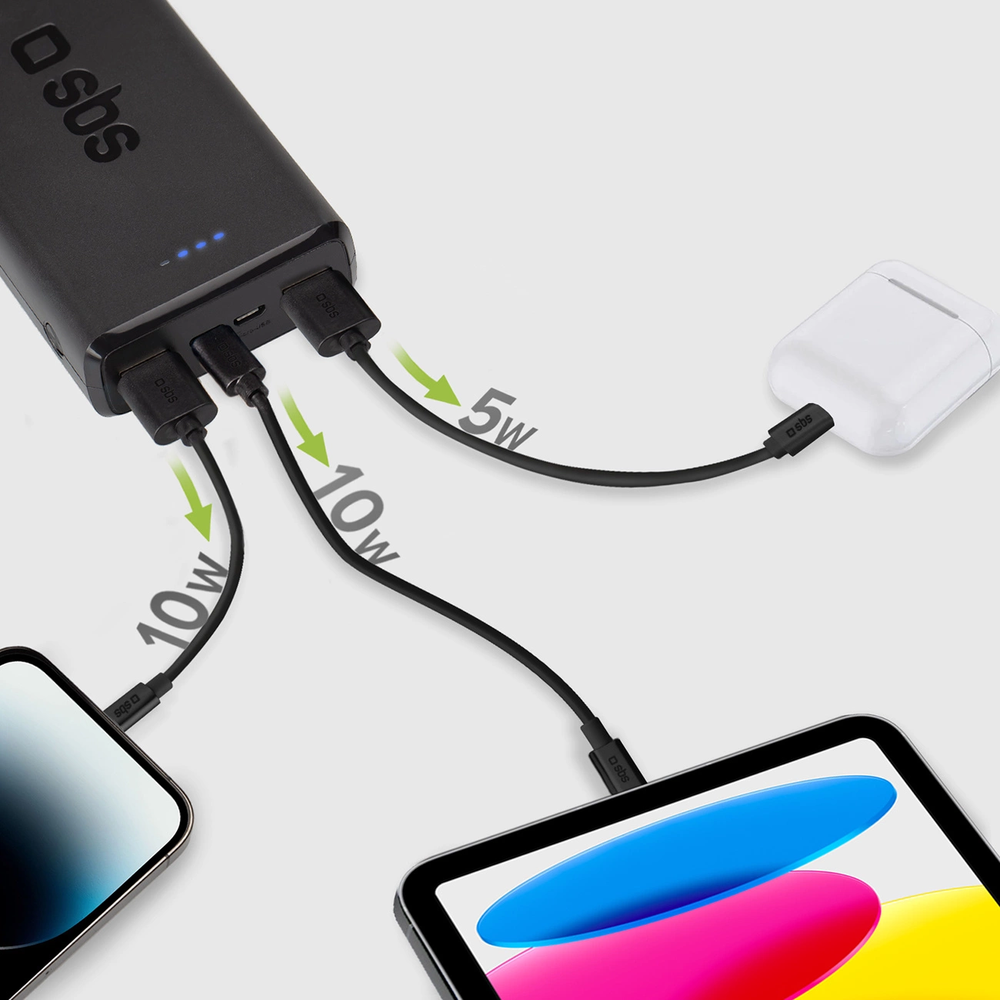SBS Nešiojamoji baterija „Puro Fast“ 20000 mAh, 2x USB-A + 1x USB-C – juoda