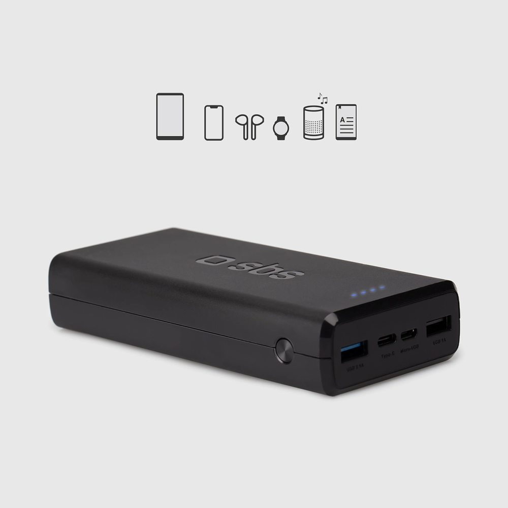 SBS Nešiojamoji baterija „Puro Fast“ 20000 mAh, 2x USB-A + 1x USB-C – juoda