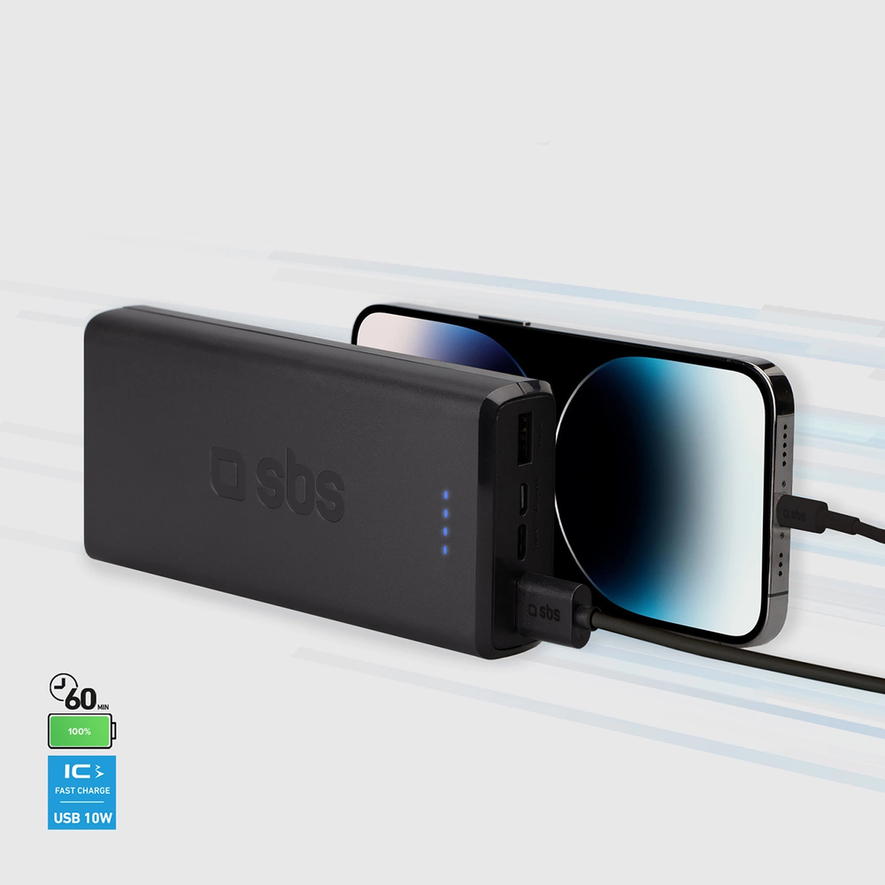 SBS Nešiojamoji baterija „Puro Fast“ 20000 mAh, 2x USB-A + 1x USB-C – juoda