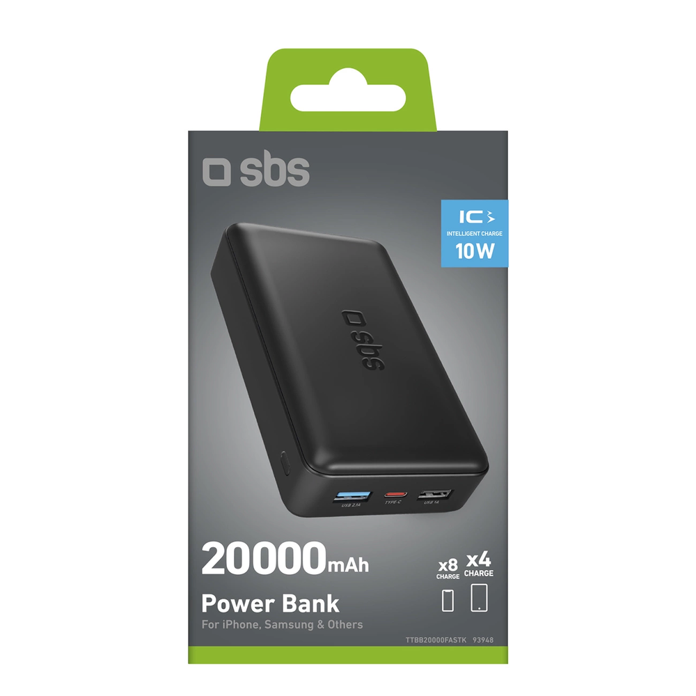 SBS Nešiojamoji baterija „Puro Fast“ 20000 mAh, 2x USB-A + 1x USB-C – juoda