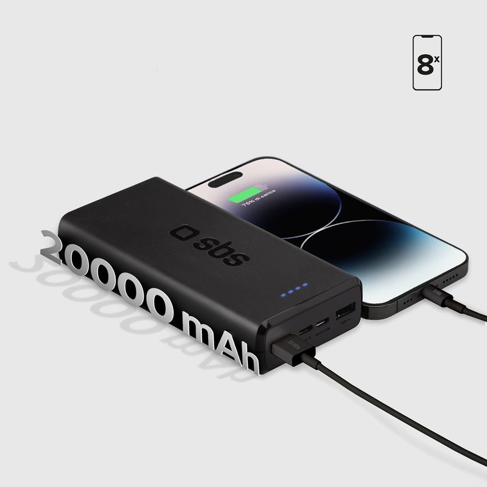 SBS Nešiojamoji baterija „Puro Fast“ 20000 mAh, 2x USB-A + 1x USB-C – juoda