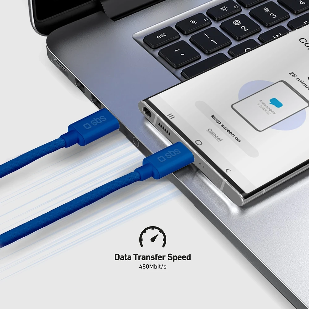 SBS TECABLETISSUETCCB USB-C – USB-C 1.5m 60W pintas kabelis – mėlynos spalvos