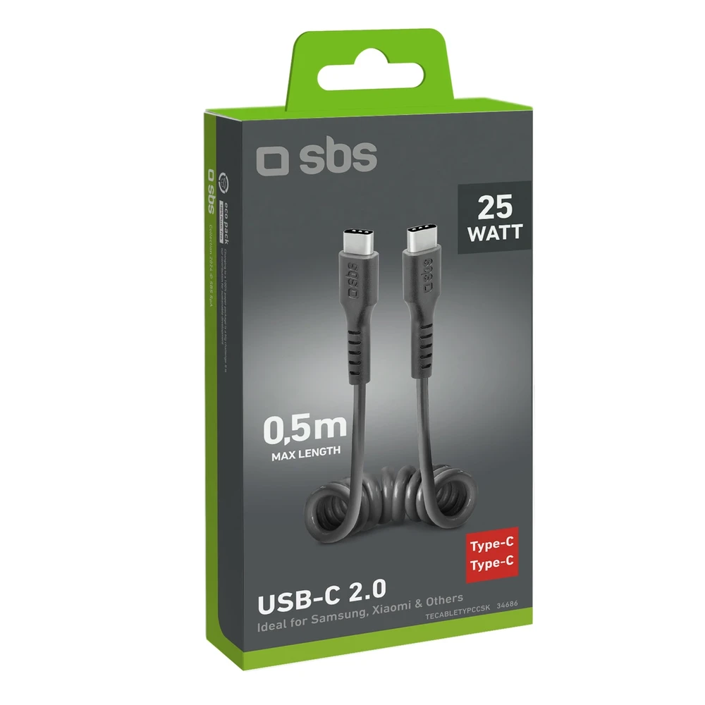 SBS TECABLETYPCCSK USB-C spiral kabelis – USB-C 0.5m – juodos spalvos