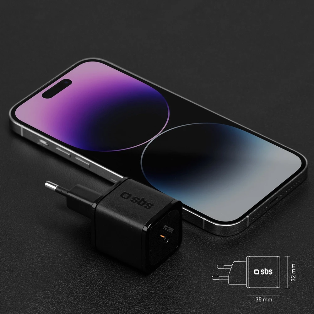 SBS TETRGAN1C20K 20W GaN USB-C laidinis įkroviklis su Power Delivery – juodos spalvos