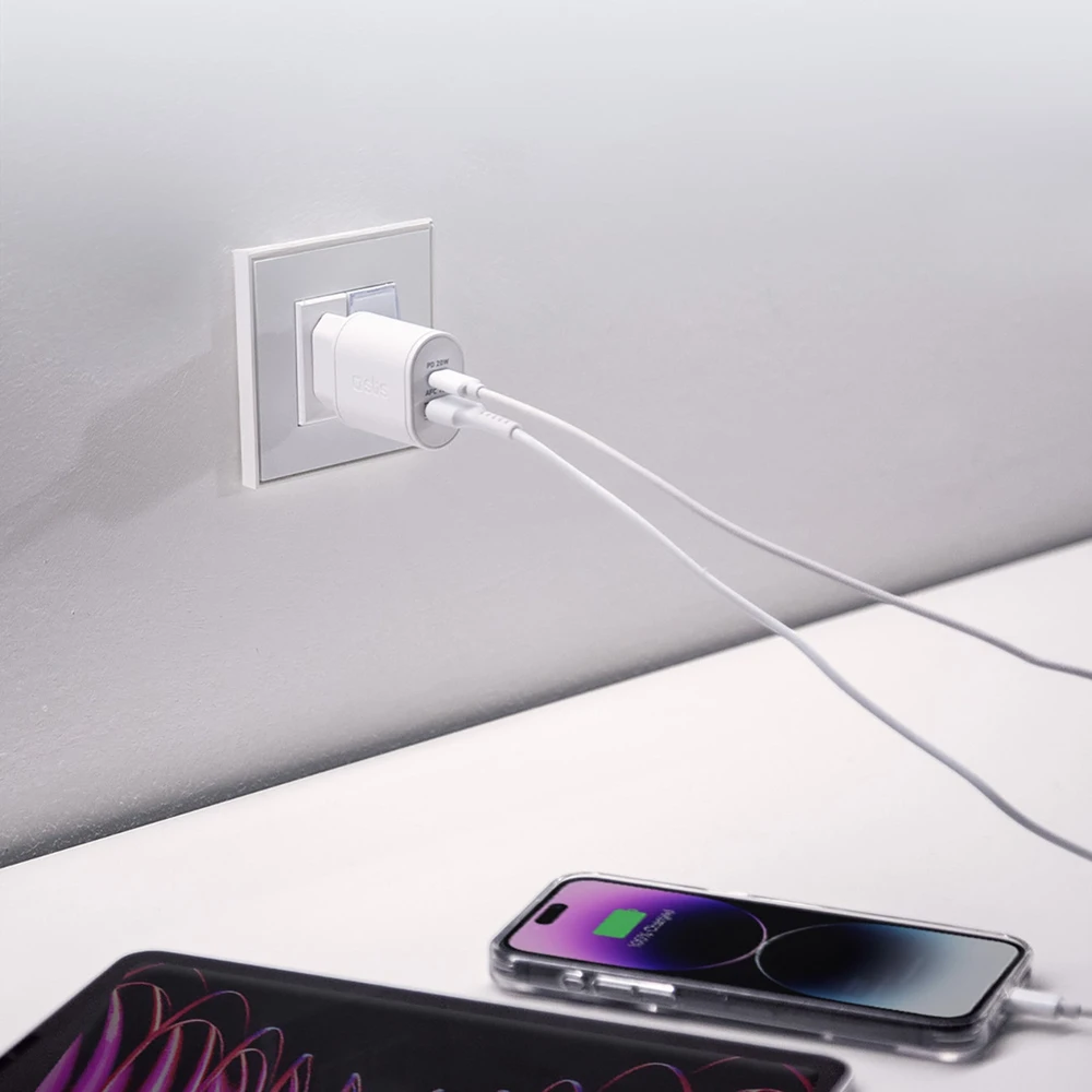 SBS TETRPD20W 20W USB-A USB-C sieninis įkroviklis su maitinimo tiekimu – baltas