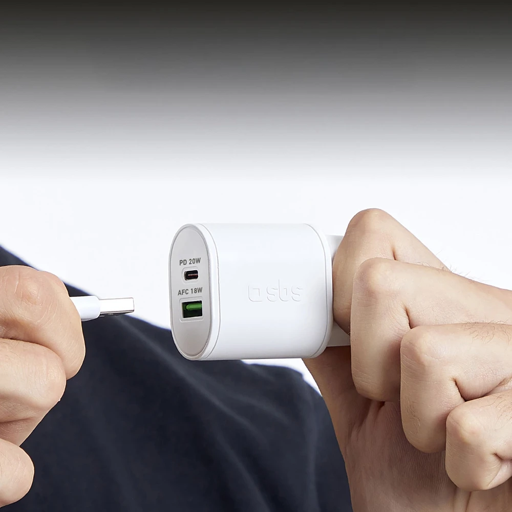 SBS TETRPD20W 20W USB-A USB-C sieninis įkroviklis su maitinimo tiekimu – baltas