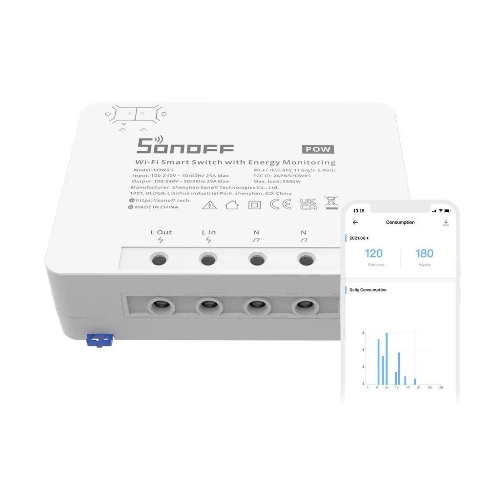 Sonoff Pow R3 1-kanalo išmani relė valdoma WiFi su energijos sunaudojimo matavimo funkcija - 230VAC 5500W