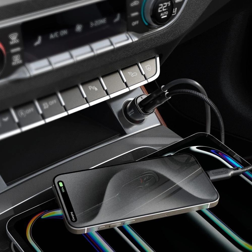 „Spigen ArcStation Essential EV502“ automobilinis įkroviklis, 2x USB-C, PD + QC3.0, 50W (juodas)