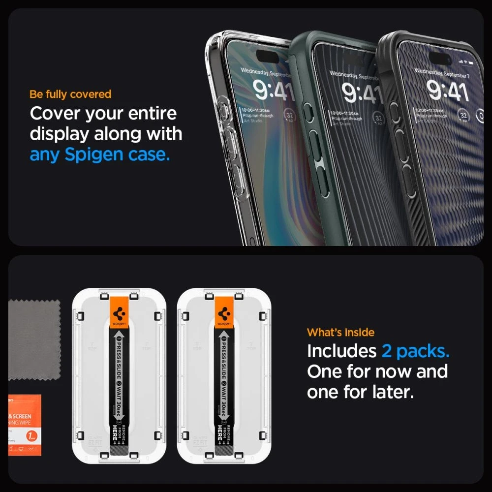 Apsauginis stiklas telefonui Apple iPhone 15 Pro Max Spigen Glas.tr „EZ Fit” FC 2-pack juodos spalvos krašteliu