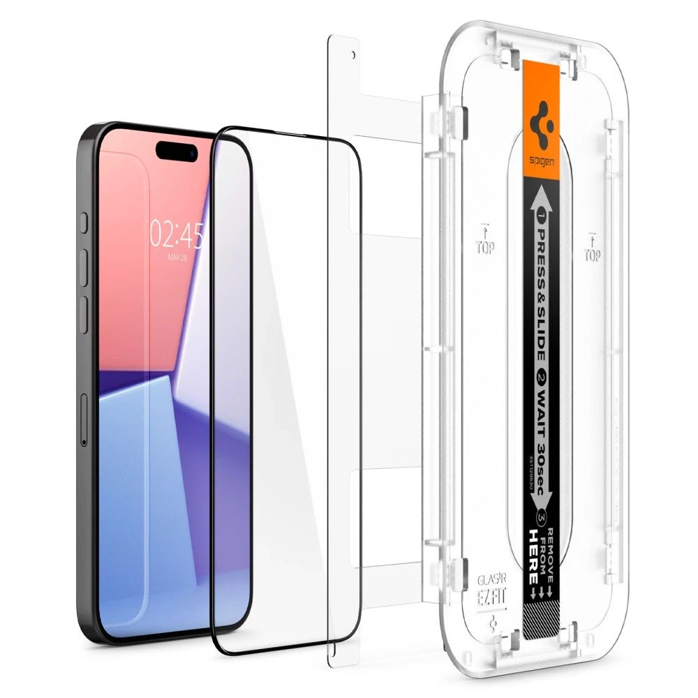 Apsauginis stiklas telefonui Apple iPhone 15 Pro Max Spigen Glas.tr „EZ Fit” FC 2-pack juodos spalvos krašteliu