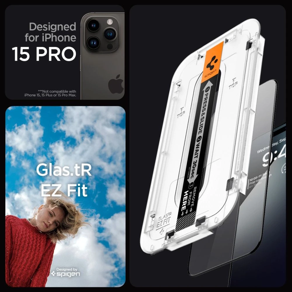 Apsauginis stiklas Spigen GLAS.TR „EZ FIT” FC 2-PACK Apple iPhone 15 Pro Juodas