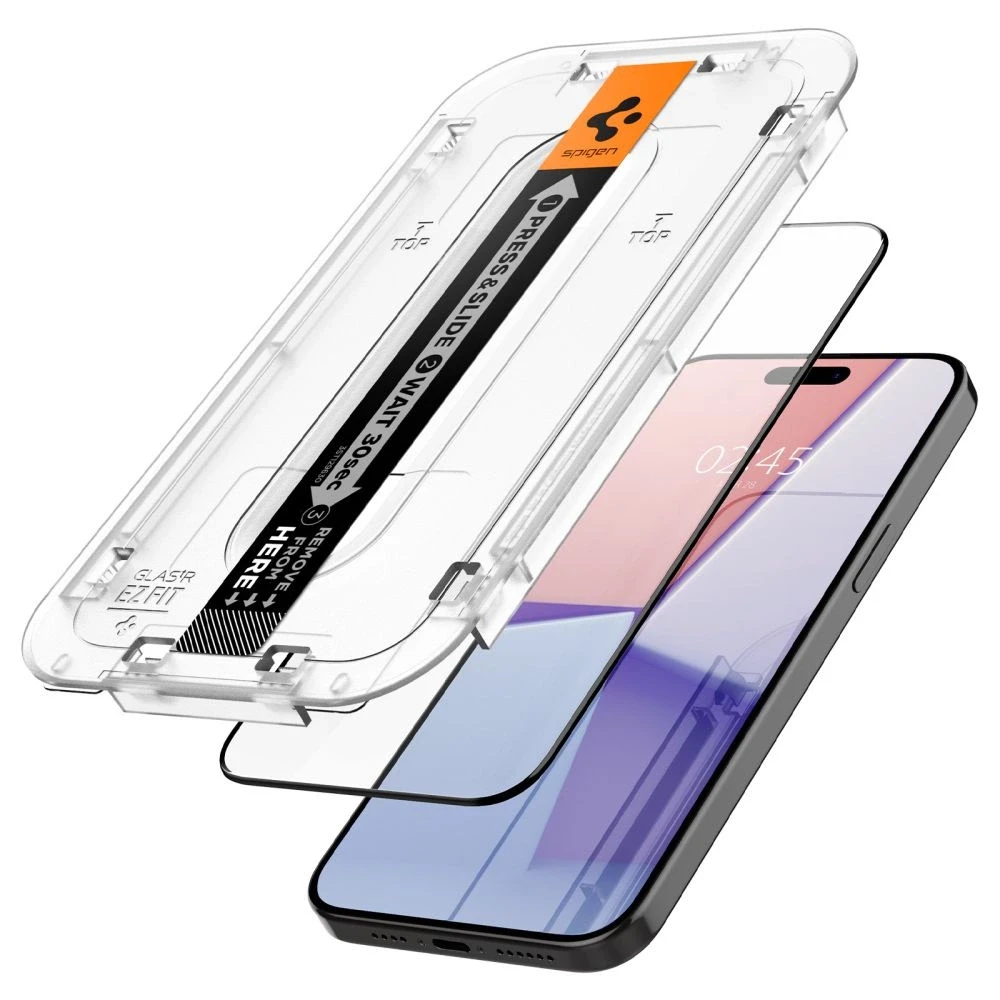 Apsauginis stiklas telefonui Apple iPhone 15 Pro Max Spigen Glas.tr „EZ Fit” FC 2-pack juodos spalvos krašteliu