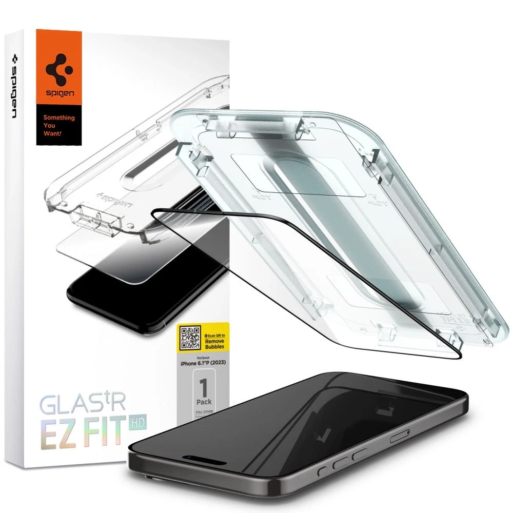 Stiklo dėklas + Spigen Glas.tR EZ Fit FC 1-Pack aplikatorius skirtas iPhone 15 Pro, su juodu rėmeliu